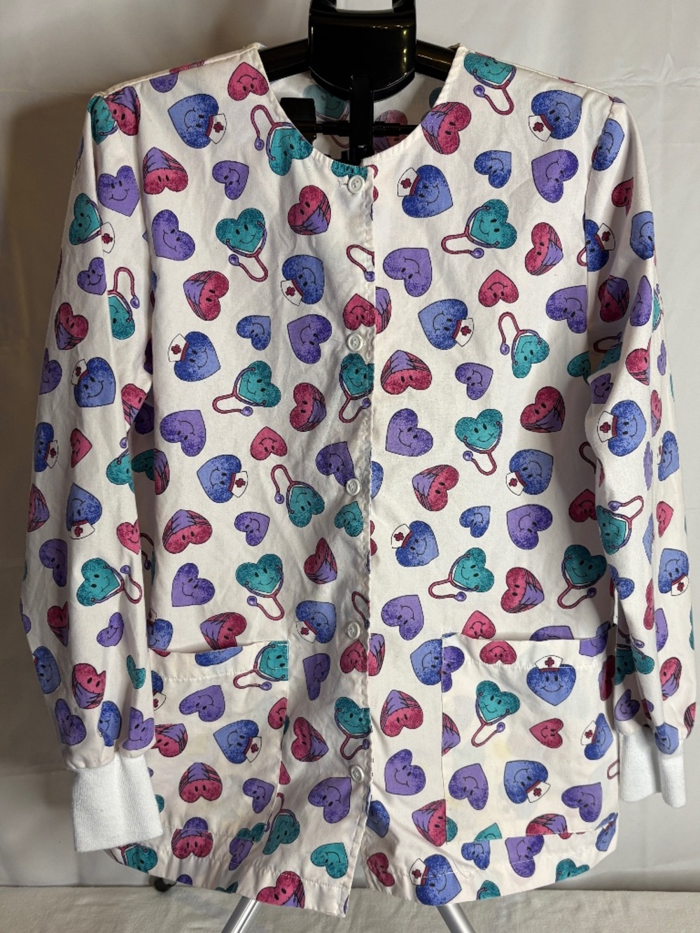 Vintage Fresh Approach Scrub Lab Coat Happy Hearts Colorful Stethoscope Medium